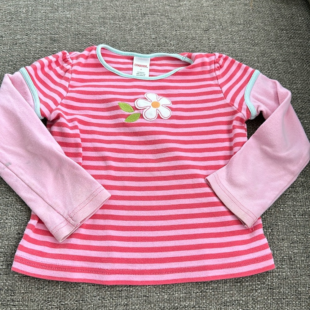 Gymboree Girls Pink Stripe Flower Appliqué Long Sleeve Top Shirt Size 4 🌸